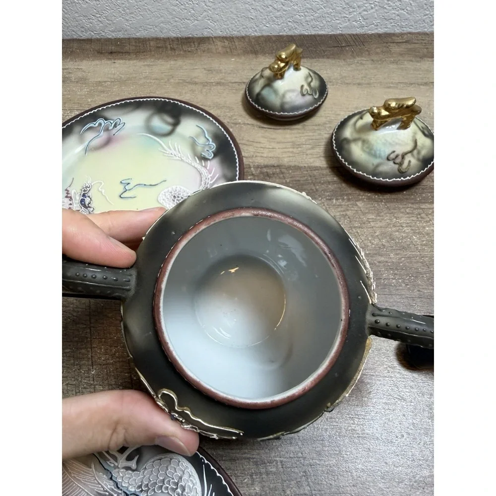 Vtg Japanese Tea Set Japan Dragonware Demitasse Moriage Hand Painted gothic